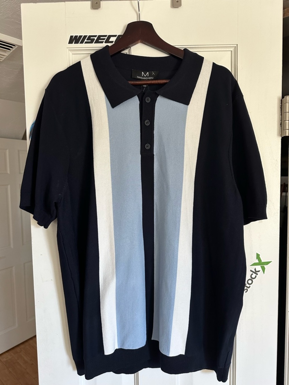 Magaschoni Men's Black Polo with Light Blue & White Vertical Panels